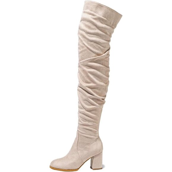 Women Beige Suede Leather Pull On Side Zipper Chunky Block Heel Thigh High Boots - Picture 1 of 6